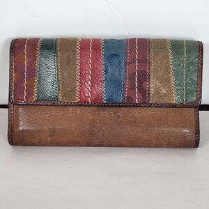Vintage Fossil Genuine‎ Leather Trifold Wallet Patchwork Womens, 7"Lx 4.25"H